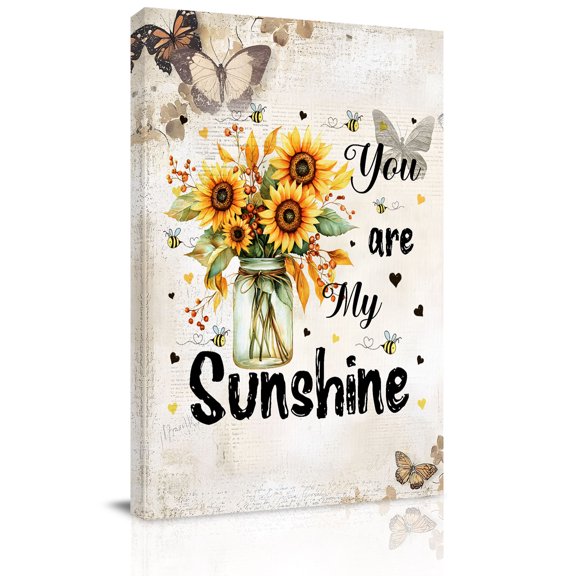 You Are Canvas Wall Art for Living Room, My Sunshine Vintage Sunflower Butterfly Distressed Poster Print Painting for Bedroom Office Home Decoration Wall Pictures Prepare To Hang 10"x10"