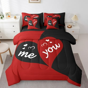 You and Me Comforter Set 7 Piece Bed in a Bag Twin,Red and Black Love Heart Bedding Set,Romantic Wedding Anniversary Gifts Sheet Set Valentines Day Decorations,Couple Gifts for Him and Her