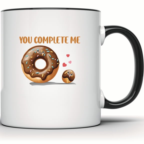 You Complete Me Donut Mug - Cute Kawaii Mug - Valentine Gift - Anniversary Gift - Foodie & Dessert Lover Mug - Funny Coffee Tea Cup - 11 Ounce Black Rim Handle Novelty Coffee Cup - WMUG1576-BLK