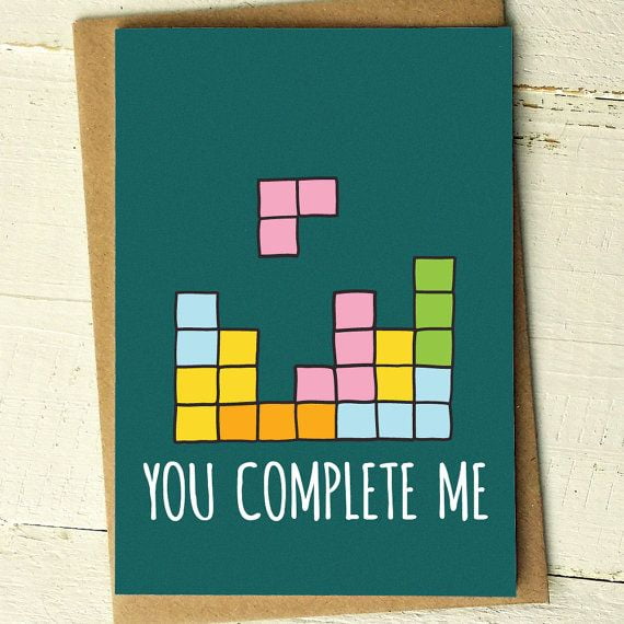 You Complete Me Card – Adorable Tetris Design – Perfect for Love Notes, Anniversaries, Birthdays – Blank Inside with Envelope Included