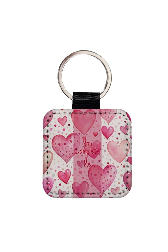 You Complete Me Valentine's Love Anniversary Pink Hearts Dots Faux Leather Square Keychain