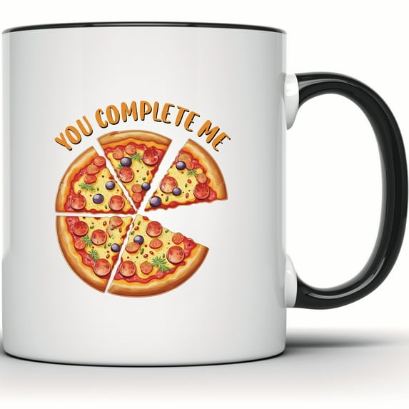You Complete Me Pizza Mug - Funny Pizza Lover Gift - Cute Pizza Slice Mug - Pizza Pun Mug - Gift for Her or Him - Pizza Art Mug - 11 Ounce Black Rim Handle Novelty Coffee Cup - WMUG1571-BLK