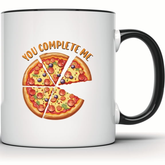You Complete Me Pizza Mug - Funny Pizza Lover Gift - Cute Pizza Slice Mug - Pizza Pun Mug - Gift for Her or Him - Pizza Art Mug - 11 Ounce Black Rim Handle Novelty Coffee Cup - WMUG1571-BLK