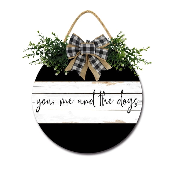 You Me And The Dogs Sign Farmhouse Wood Sign Front Porch Decor Rustic Wooden Sign Wall Decor Hanging Wooden Decorations with Bow-Knot for Home Porch Wall Door, 11 x 11 inch