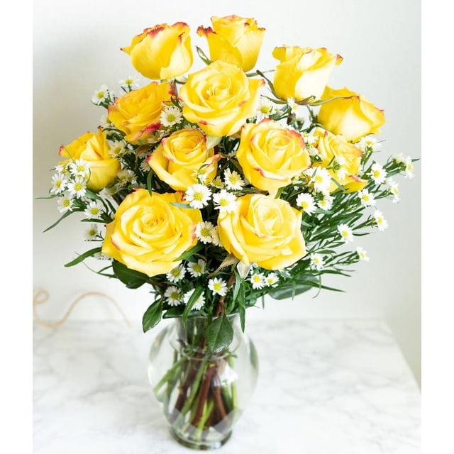 Yellow Roses With Red Tips Fiery Yellow & Red Tip Roses Bouquet with Vase - Perfect for Special ...