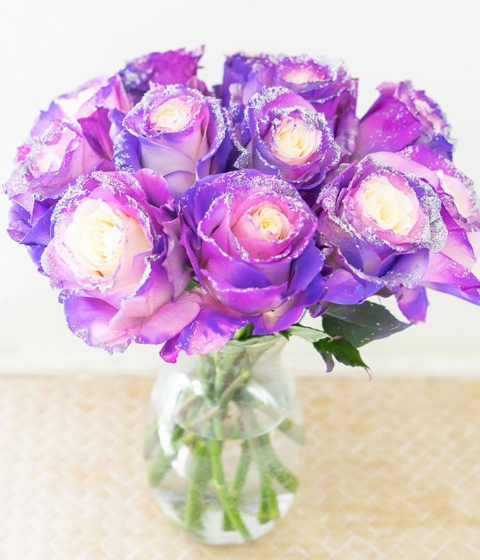 From You Flowers - One Dozen Pastel Purple Glitter Roses in Clear Glass Vase for Birthday, Anniversary, Get Well, Congratulations, Thank You, All Occasions