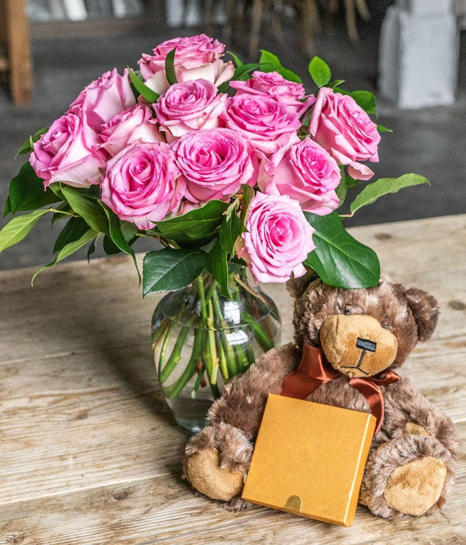 From You Flowers - One Dozen Pink Roses with a Clear Glass Vase, Chocolates, & Teddy Bear for Birthday, Anniversary, Get Well, Congratulations, Thank You, All Occasions