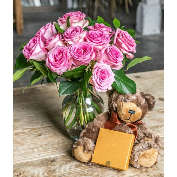 From You Flowers - One Dozen Pink Roses with a Clear Glass Vase, Chocolates, & Teddy Bear for Birthday, Anniversary, Get Well, Congratulations, Thank You, All Occasions