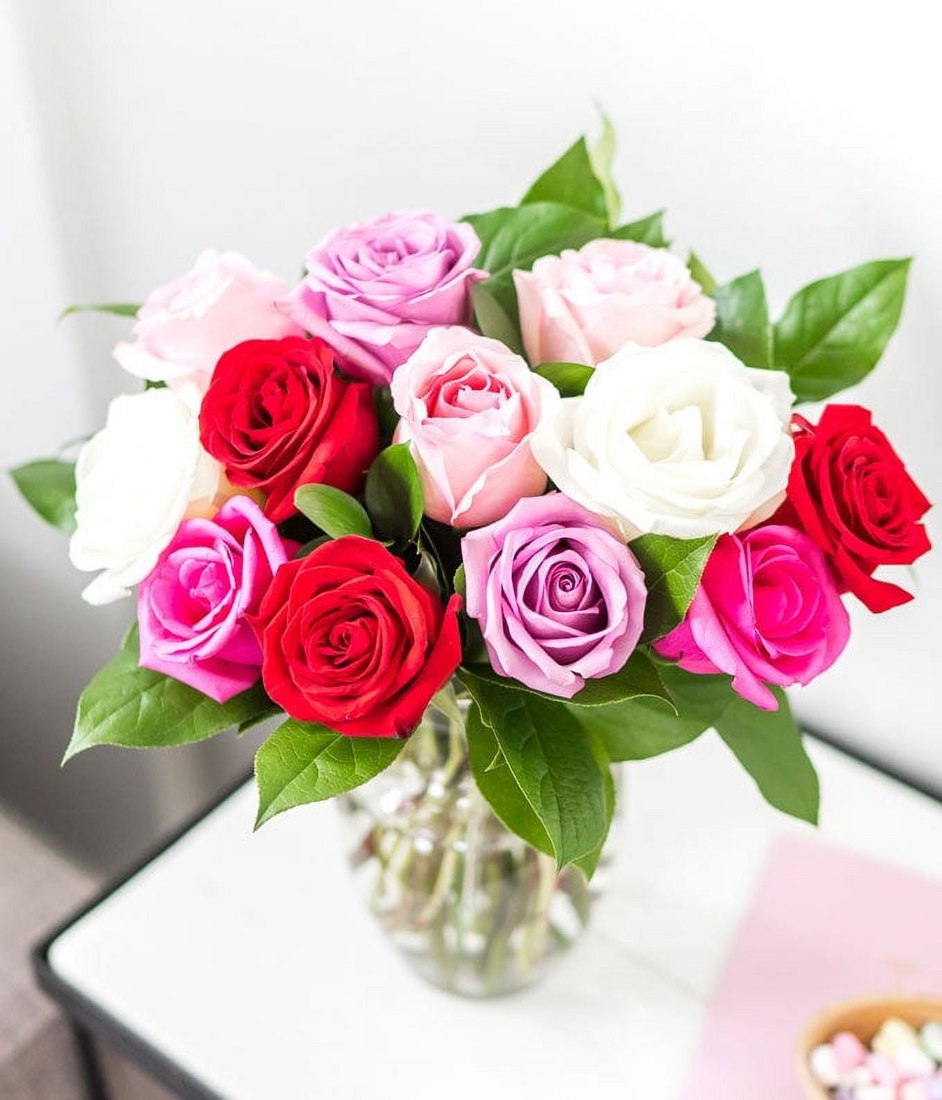 From You Flowers - One Dozen Red, Pink, Purple & White Roses with a Clear Glass Vase for Birthday, Anniversary, Get Well, Congratulations, Thank You, All Occasions