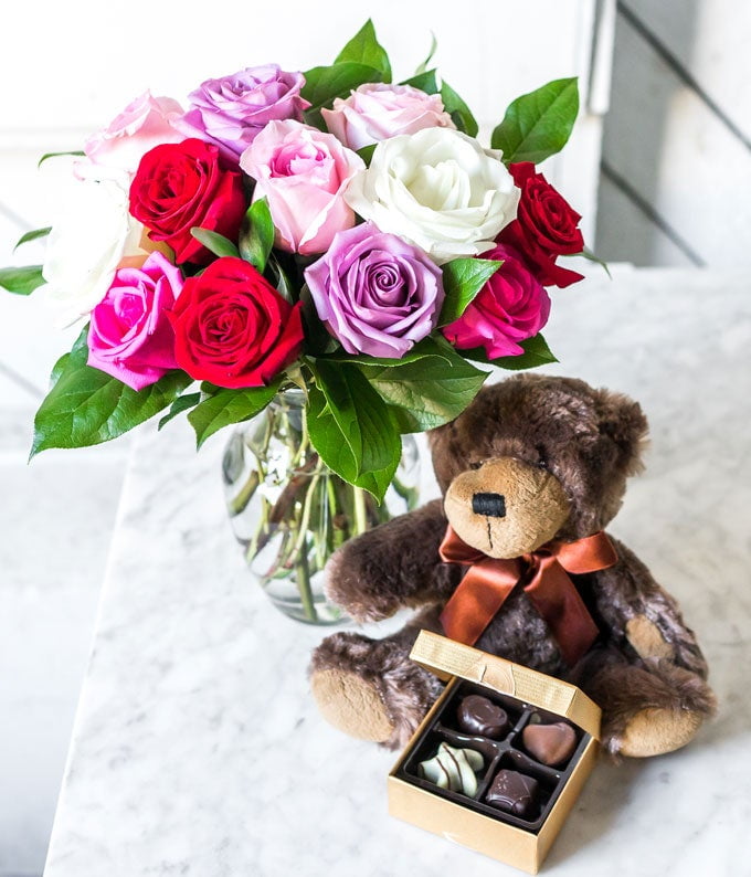 From You Flowers - One Dozen Red, Pink, Purple & White Roses with a Clear Glass Vase, Chocolates, & Teddy Bear for Birthday, Anniversary, Get Well, Congratulations, Thank You, All Occasions