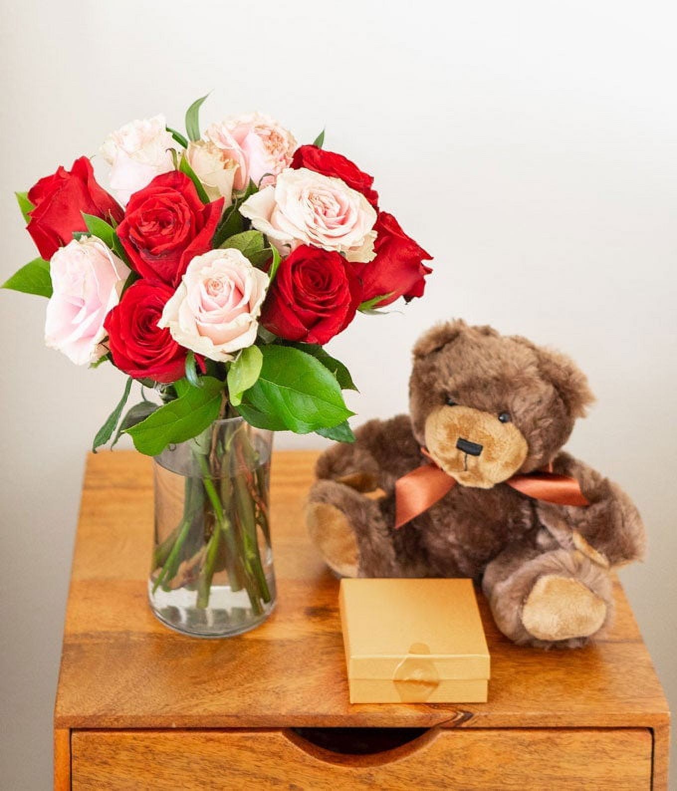 From You Flowers - One Dozen Red & Pink Roses with a Clear Glass Vase, Chocolates, & Teddy Bear for Birthday, Anniversary, Get Well, Congratulations, Thank You, All Occasions