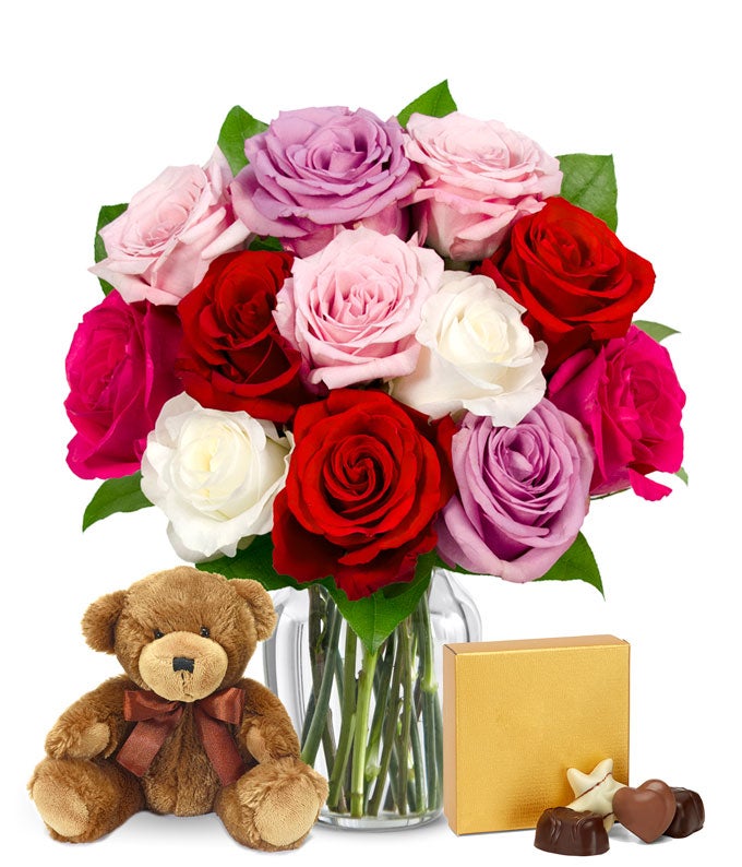 One Dozen Sweetheart Roses with Teddy Bear - rated 4.1 stars from 17 reviews