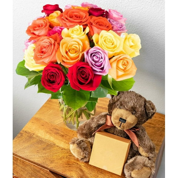 From You Flowers - Two Dozen Assorted Rainbow Roses with Chocolates & Teddy Bear in a Clear Glass Vase for Birthday, Anniversary, Get Well, Congratulations, Thank You, All Occasions