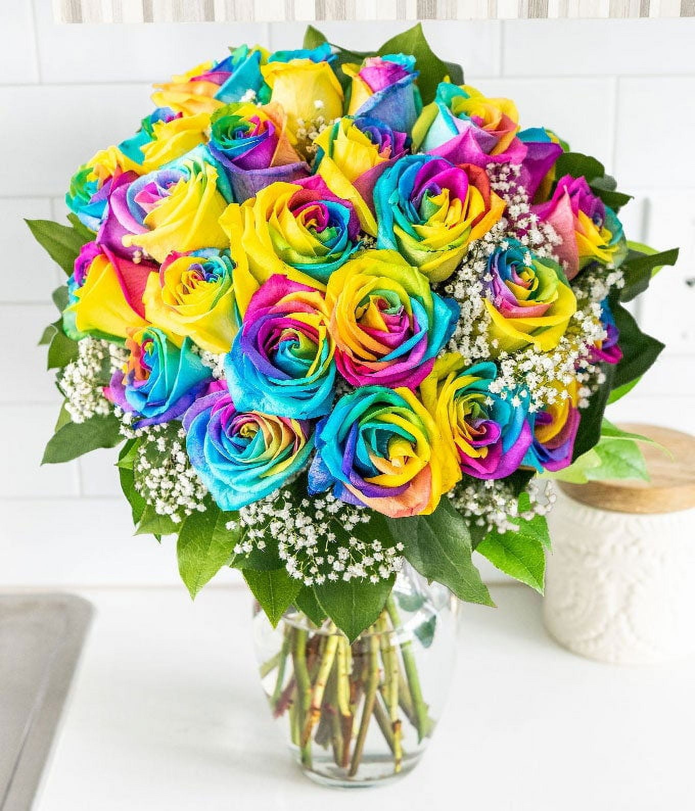 From You Flowers - Two Dozen Rainbow Tie Dye Roses in a Clear Glass Vase for Birthday, Anniversary, Get Well, Congratulations, Thank You, All Occasions