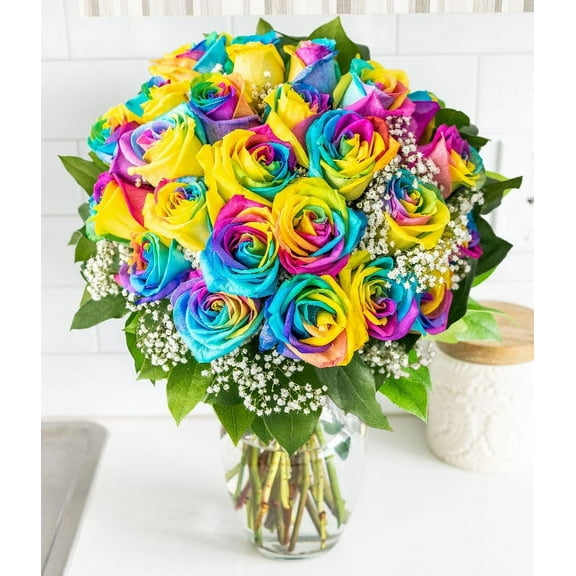 From You Flowers - Two Dozen Rainbow Tie Dye Roses in a Clear Glass Vase for Birthday, Anniversary, Get Well, Congratulations, Thank You, All Occasions