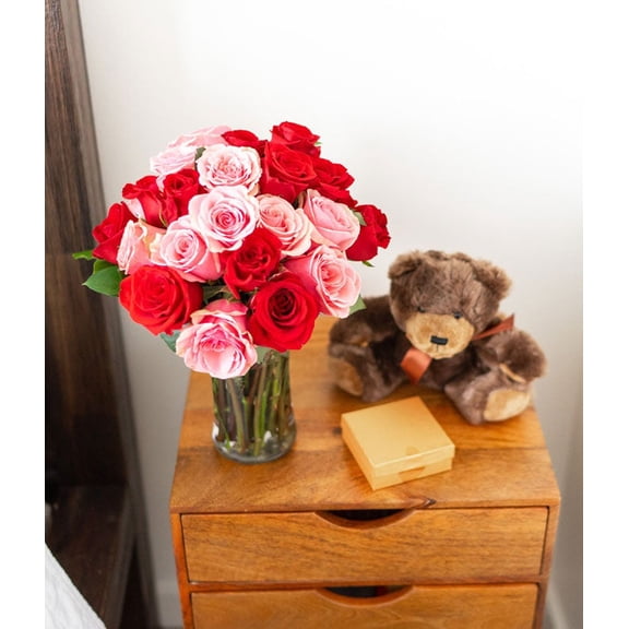 From You Flowers - Two Dozen Red & Pink Roses with a Clear Glass Vase, Chocolates, & Teddy Bear for Birthday, Anniversary, Get Well, Congratulations, Thank You, All Occasions