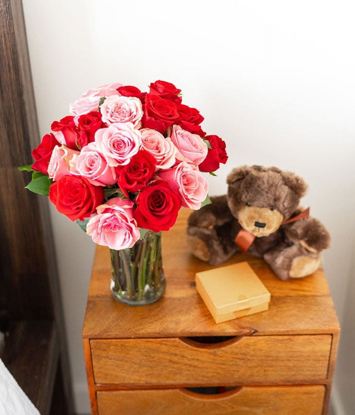 From You Flowers - 24 Red & Pink Roses, Vase, Chocolates & Teddy ...