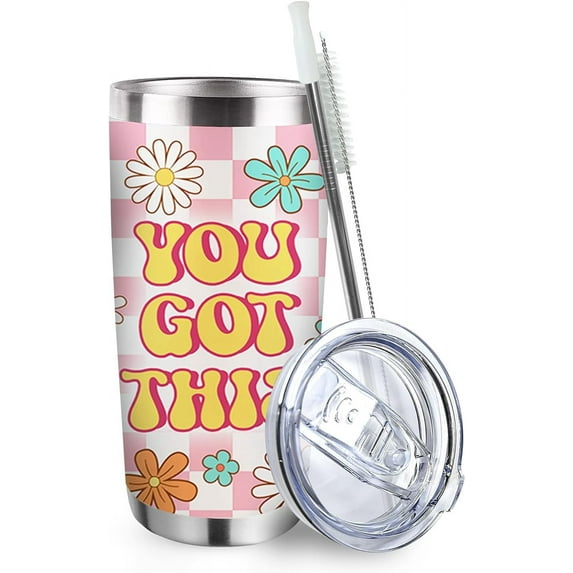 You Got This Daisy Flower Tumbler with Lid and Straw, Floral Plaid Check Farmhouse Stainless Steel Travel Coffee Cup, Birthday Gift for Woman, 20oz Spring Summer Double Wall Vacuum Insulated Mug