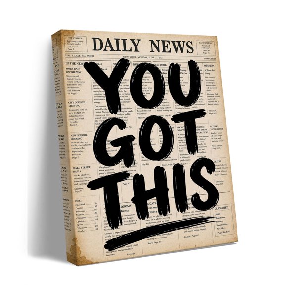 You Got This Canvas Wall Art, Inspirational Newspaper Quote Print, Neutral Typography Home Decor