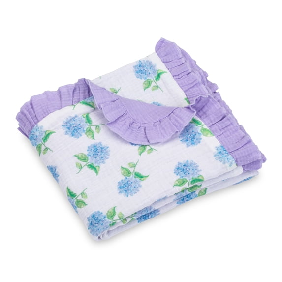 LollyBanks Ruffle Muslin Baby Girl Blanket, Organic Cotton Receiving Blanket, 40 x 36 in, Hydrangea Print