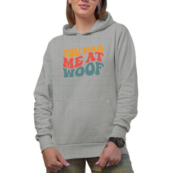 You Had Me at Woof, Dog Parent, Owner or Lover Quote, Groovy Retro Wavy Text Merch Gift, Heather Grey Hooded Sweatshirt or Hoodie, 3XL