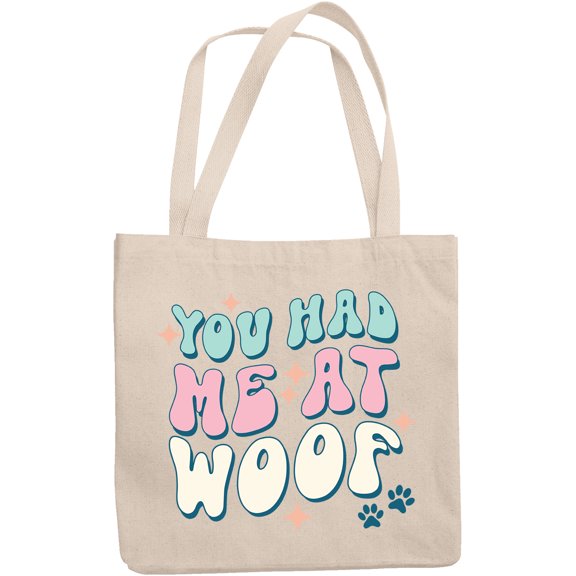 You Had Me at Woof with Paws, Groovy Wavy Text Art Merch Gift, 12oz Canvas Tote Bag