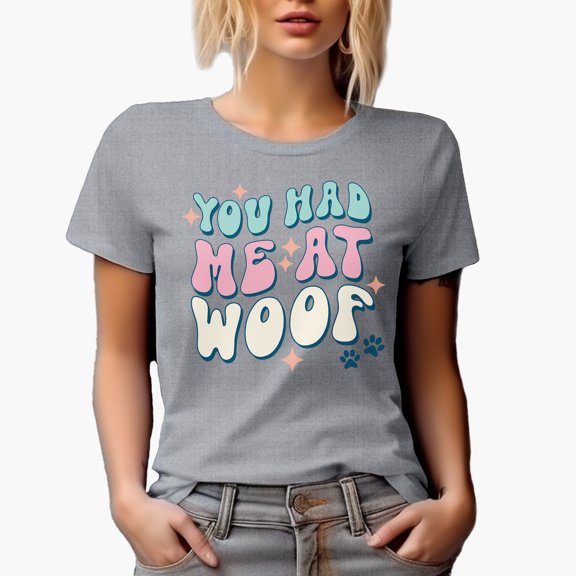 You Had Me at Woof with Paws, Groovy Wavy Text Art Merch Gift, Heather Grey T-Shirt, Small