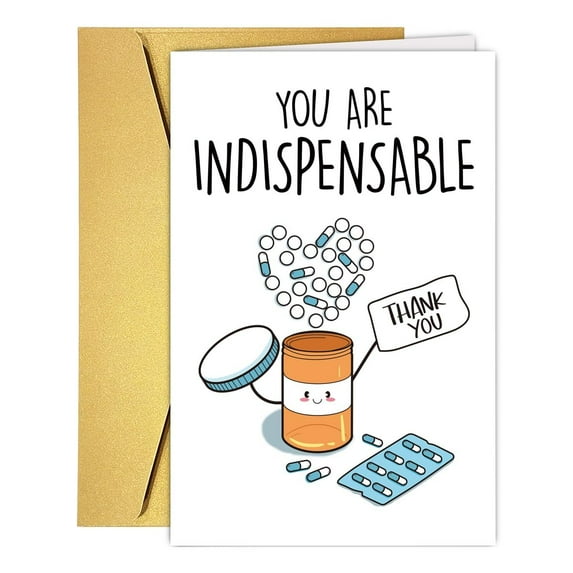 You Are Indispensable Thank You Card – Cute Pill Bottle Design with Heart – Blank Inside, Envelope Included – Perfect Appreciation Card for Healthcare Workers, Friends & Family