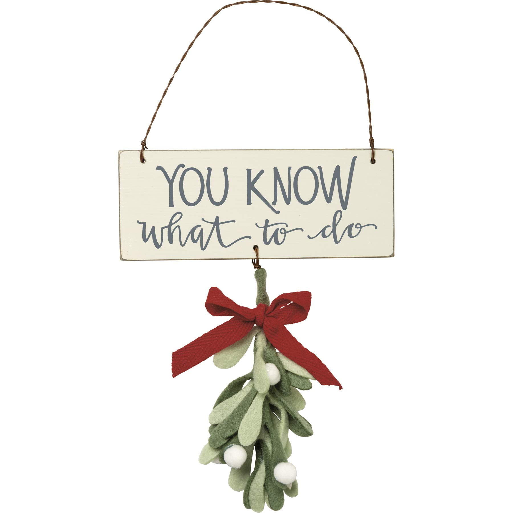 White and Grey Wooden Mistletoe Ornament with Red Ribbon