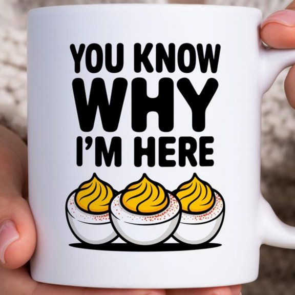 You Know Why I'm Here Deviled Eggs Coffee Mug, Funny Foodie Gift, Brunch Lover Tea Cup, Humorous Deviled Egg Graphic, Kitchen Humor Gift Ide.