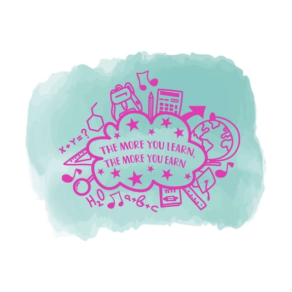 The More You Learn The More You Earn School Motivational Quote Vinyl Watercolor Design Wall Art Sticker Designs Vinyl Stickers For Home House Walls Rooms Windows Bedroom Decoration Size (20x20 inch)