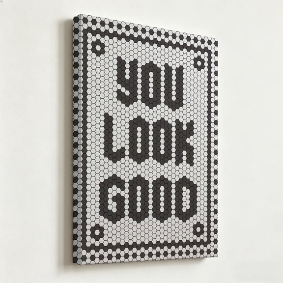 "You Look Good" Vintage Hexagon Tile Canvas Art, Retro Black and White Penny Tile Print, Matte Finish Gallery Wrapped Bathroom Wall Decor 16*24