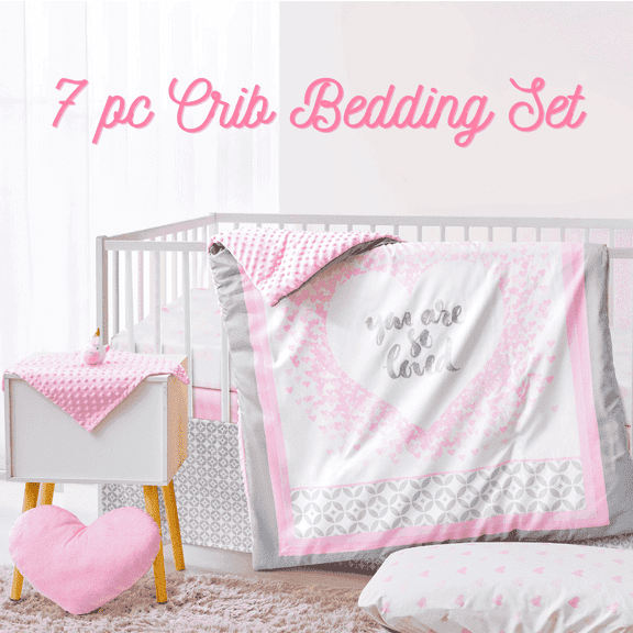 Manhattan Kids You Are So Loved Nursery Bedding Set | 7-Piece Crib Sheet & Nursery Décor Collection | Heart Theme for Baby Girls