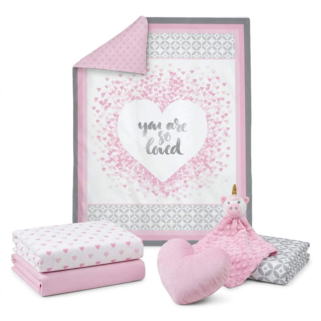 Manhattan Kids You Are So Loved Nursery Bedding Set | 7-Piece Crib Sheet & Nursery Décor Collection | Heart Theme for Baby Girls