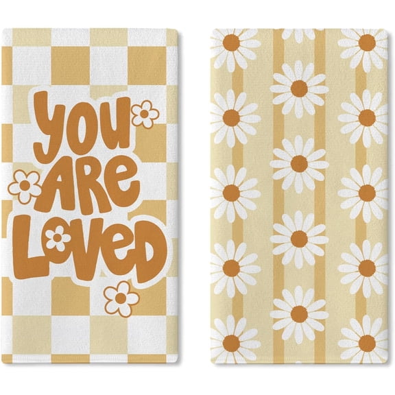 You are Loved Daisy Flower Kitchen Dish Towels Set of 2, Inspirational Retro Groovy Floral Drying Hand Towel Baking Cooking Cloth, Spring Summer Yellow Plaid Striped Bathroom Decor 18''x26''