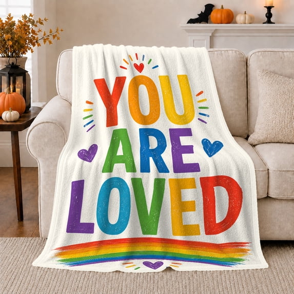 You Are Loved Rainbow Typographic Motif, Festive Holiday Scene, Warm Flannel Blanket for Home Library and Reading Nook, Art Lovers Valentine's Day Gift, Artistic Home Decor