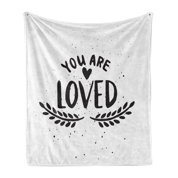You Are Loved Soft Flannel Fleece Blanket, Heart and Laurel Motifs on a Dotted Background with Calligraphy, Cozy Plush for Indoor and Outdoor Use, 50" x 60", Charcoal Grey and White, by Ambesonne