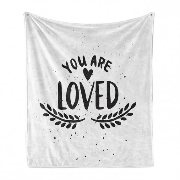 You Are Loved Soft Flannel Fleece Blanket, Heart and Laurel Motifs on a Dotted Background with Calligraphy, Cozy Plush for Indoor and Outdoor Use, 50" x 70", Charcoal Grey and White, by Ambesonne