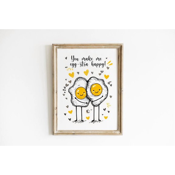 You Make Me Egg-Stra Happy Cute Egg Couple Illustration Love Valentine Kitchen Decor Romantic Art Wall Art Print