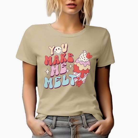 You Make Me Melt, Retro Ice Cream Valentine's Day Art Merch Gift, Tan T-Shirt, Large