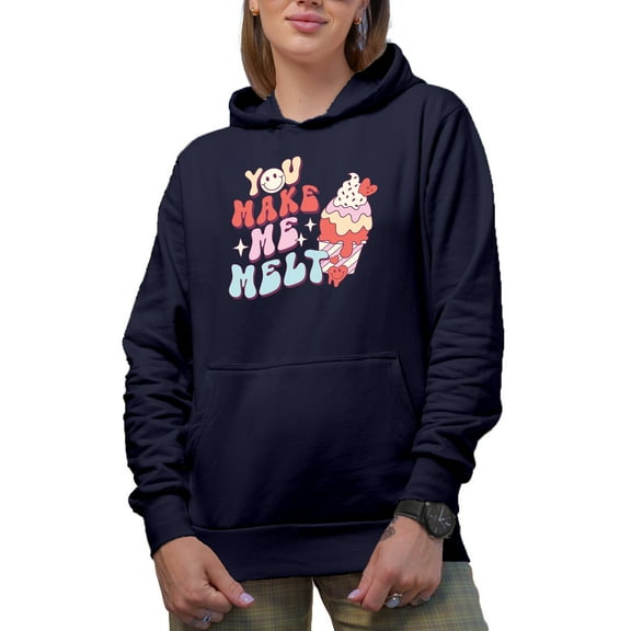 You Make Me Melt, Retro Ice Cream Valentine's Day Gift, Navy Blue Hooded Sweatshirt or Hoodie, XL