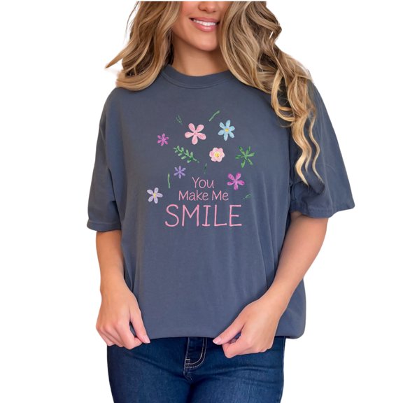 You Make Me Smile T-Shirt, Cute Floral Design Top, Inspirational Casual Tee, Positive Quote Shirt, Trendy Graphic Tee for Women, Denim Comfort Colors T-Shirt, Small