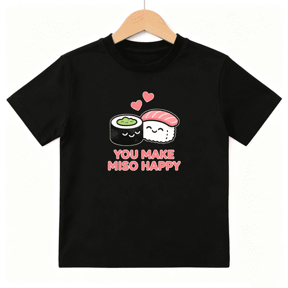 You Make Miso Happy Girls Graphic Tee, Cute Sushi Food Pun 100% Cotton Kids Short Sleeve T-Shirt