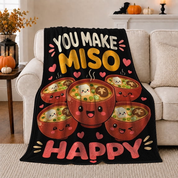 You Make Miso Happy Kawaii Soup Bowls Pun, Playful Artistic Scene, Warm Flannel Blanket for Sunroom and Reading Nook, Garden Lovers Valentine's Day Gift, Playful Home Decor