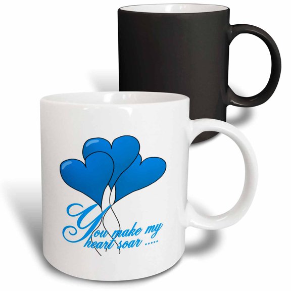 3drose, You Make My Heart Soar Blue Text and Heart Balloons, 11oz Magic Transforming Mug