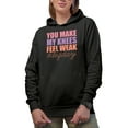 thumbnail image 1 of You Make My Knees Feel Weak Hashtag Leg Day, Gym or Work Out Quote Merch Gift, Black Hooded Sweatshirt or Hoodie, Small, 1 of 5