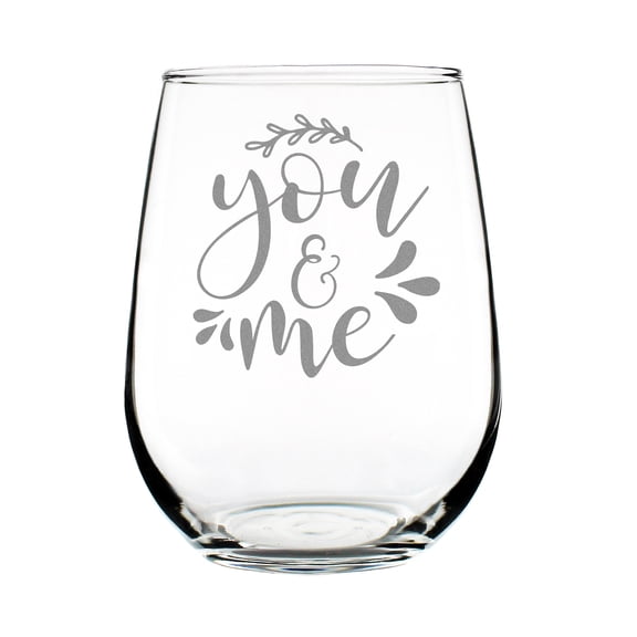 You Me Stemless Wine Glass, Hand Engraved Etched Personalized , Romantic Couples 17oz Glassware