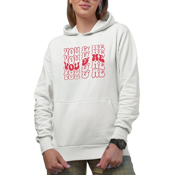 You & Me, Valentine or Valentines Day & Couple or Lovers Themed, Groovy Retro Wavy Text Merch Gift, White Hooded Sweatshirt or Hoodie, Small