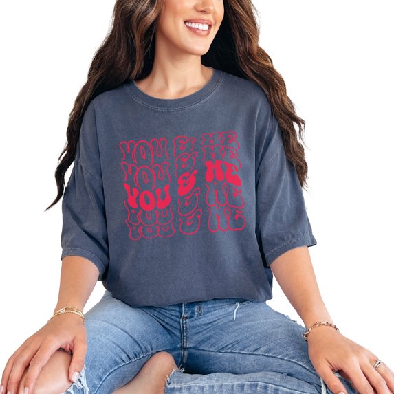 You & Me, Valentines Day or Couples Themed, Groovy Retro Wavy Text, Denim Comfort Colors T-Shirt, Small