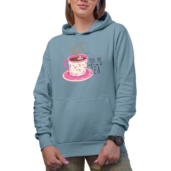 You, Me and a Cup of Tea Quote with Cute Hand Drawn Teacup, Valentine's Day Art Merch Gift, Light Blue Hooded Sweatshirt or Hoodie, Small